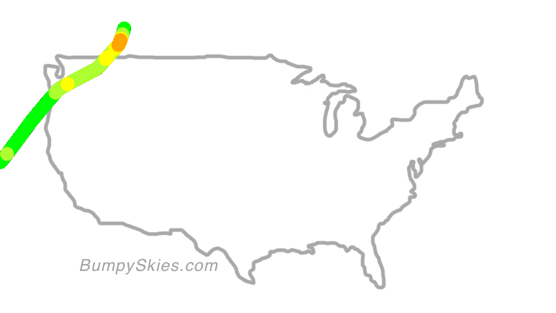 Map of continental US with illustrated flight path and turbulence forecast (described in text below)