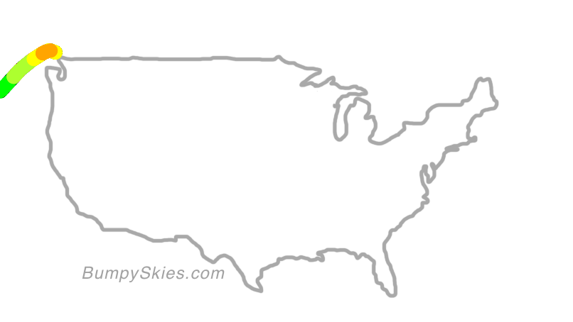 Map of continental US with illustrated flight path and turbulence forecast (described in text below)
