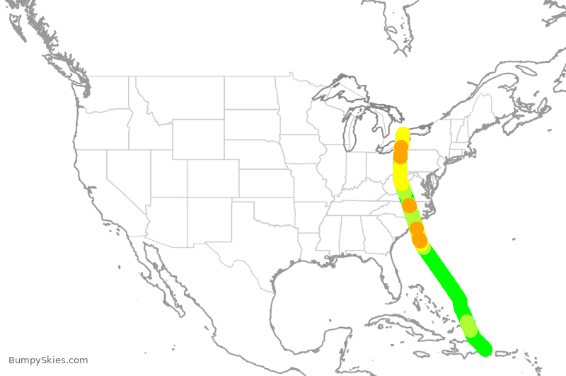 Turbulence forecast map for WJA2100, YYZ to PUJ
