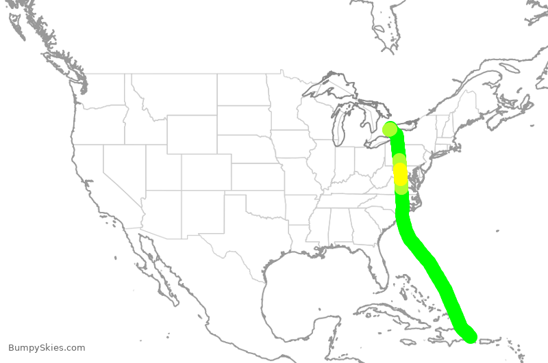 Turbulence forecast map for WJA2101, PUJ to YYZ