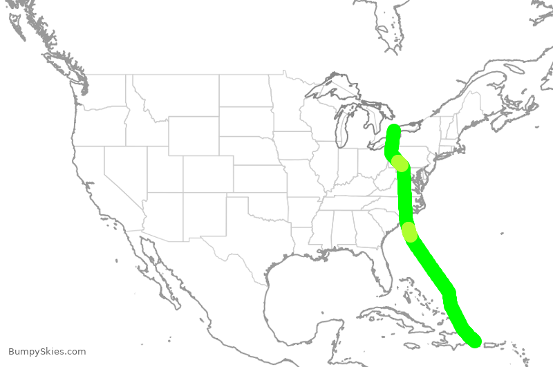 Turbulence forecast map for WJA2102, YYZ to PUJ