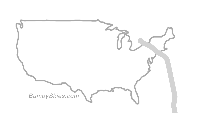 Map of continental US with illustrated flight path and turbulence forecast (described in text below)