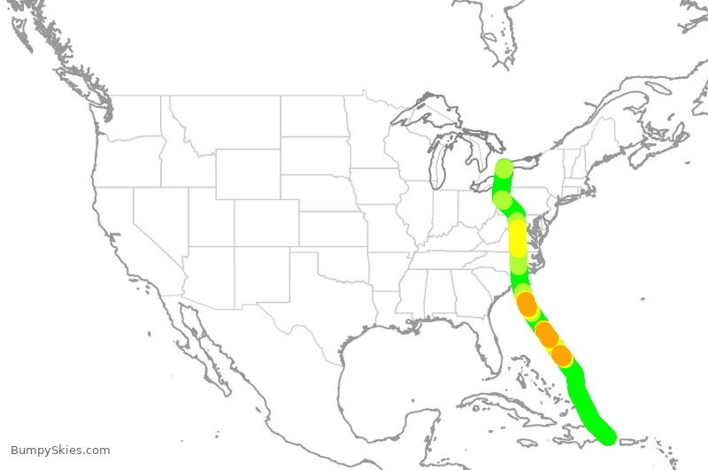 Turbulence forecast map for WJA2110, YYZ to PUJ