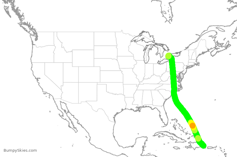 Turbulence forecast map for WJA2111, PUJ to YYZ