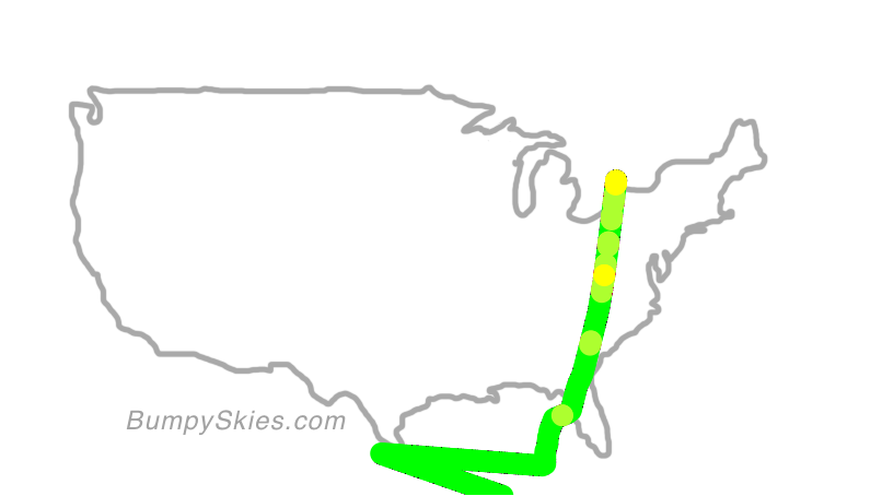 Map of continental US with illustrated flight path and turbulence forecast (described in text below)
