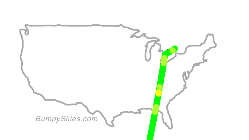 Map of continental US with illustrated flight path and turbulence forecast (described in text below)