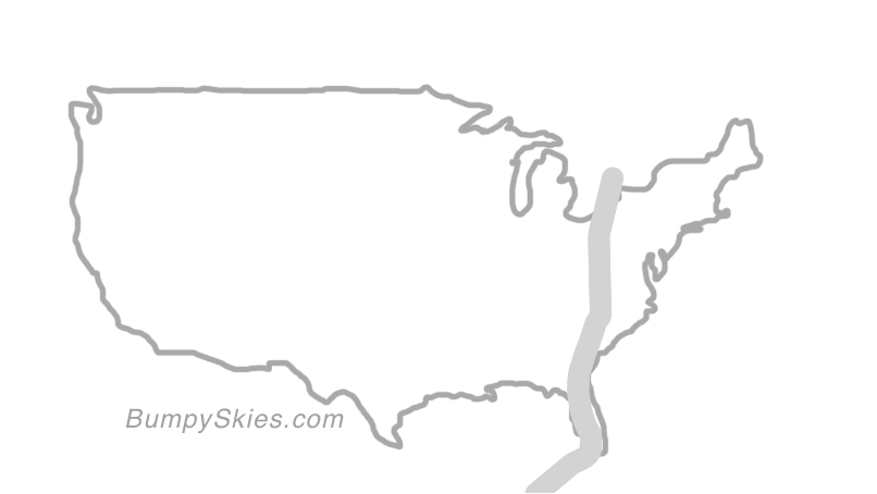 Map of continental US with illustrated flight path and turbulence forecast (described in text below)