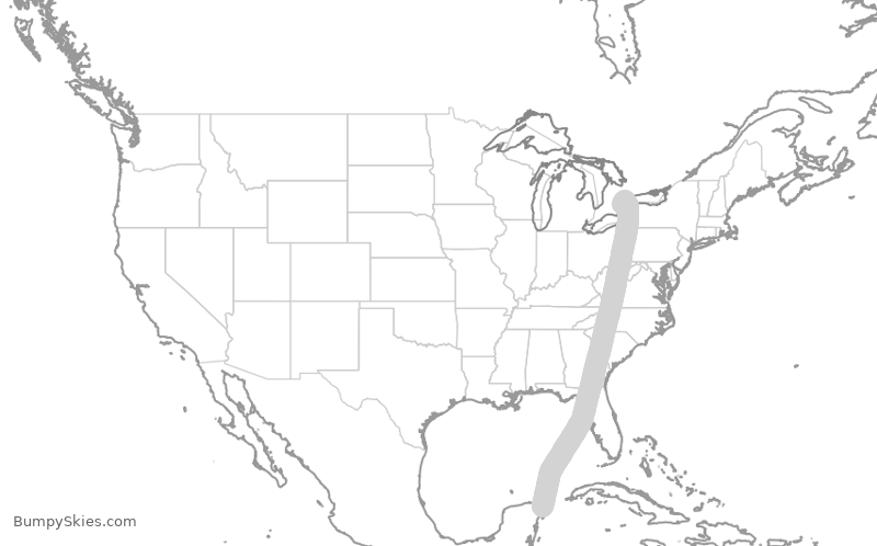 Map of continental US with illustrated flight path and turbulence forecast (described in text below)