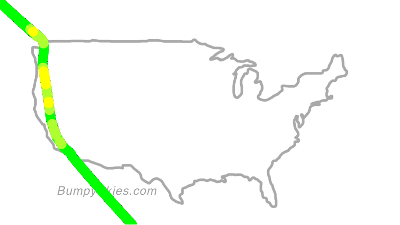 Map of continental US with illustrated flight path and turbulence forecast (described in text below)