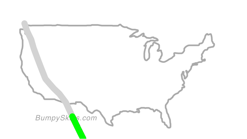Map of continental US with illustrated flight path and turbulence forecast (described in text below)