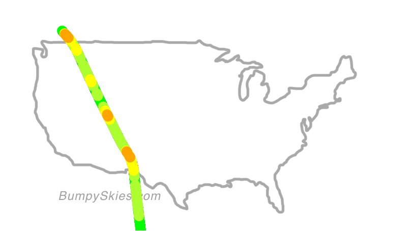 Map of continental US with illustrated flight path and turbulence forecast (described in text below)