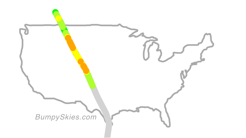 Map of continental US with illustrated flight path and turbulence forecast (described in text below)