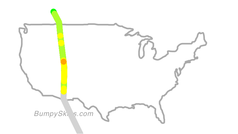 Map of continental US with illustrated flight path and turbulence forecast (described in text below)