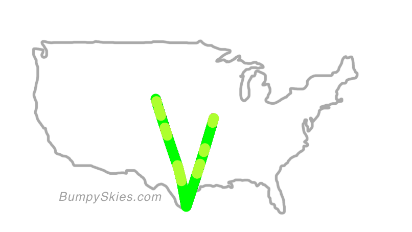 Map of continental US with illustrated flight path and turbulence forecast (described in text below)