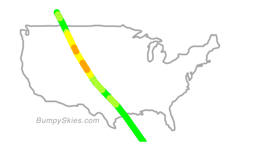 Map of continental US with illustrated flight path and turbulence forecast (described in text below)