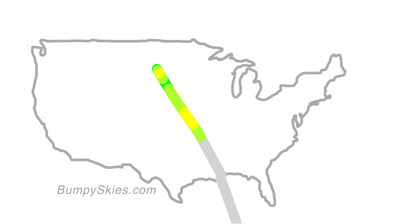 Map of continental US with illustrated flight path and turbulence forecast (described in text below)