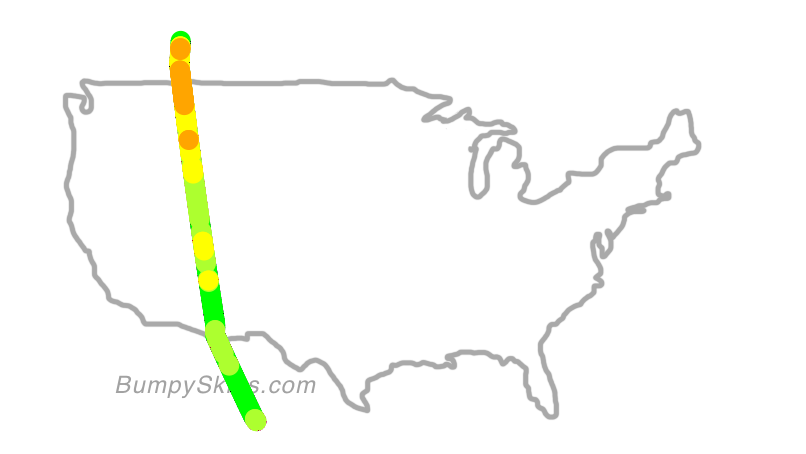 Map of continental US with illustrated flight path and turbulence forecast (described in text below)