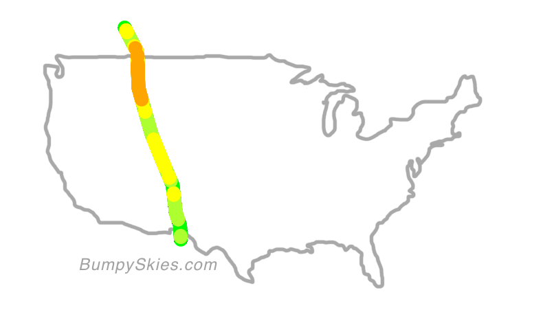 Map of continental US with illustrated flight path and turbulence forecast (described in text below)