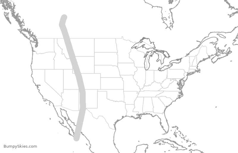Map of continental US with illustrated flight path and turbulence forecast (described in text below)