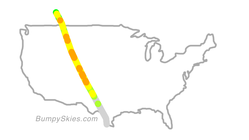 Map of continental US with illustrated flight path and turbulence forecast (described in text below)