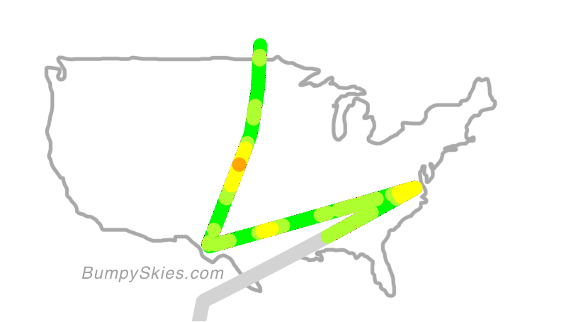 Map of continental US with illustrated flight path and turbulence forecast (described in text below)