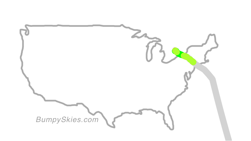 Map of continental US with illustrated flight path and turbulence forecast (described in text below)