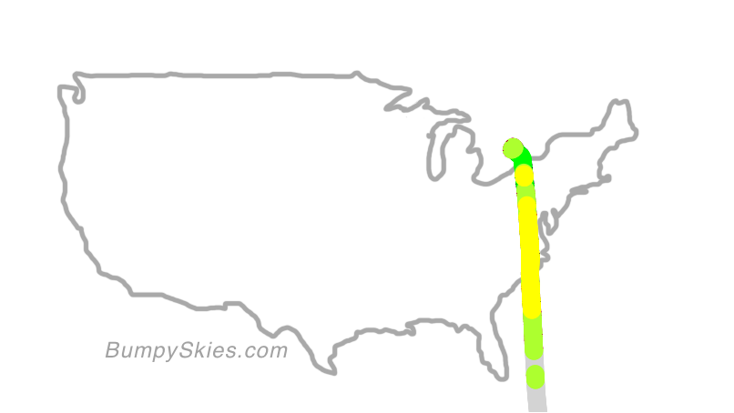 Map of continental US with illustrated flight path and turbulence forecast (described in text below)