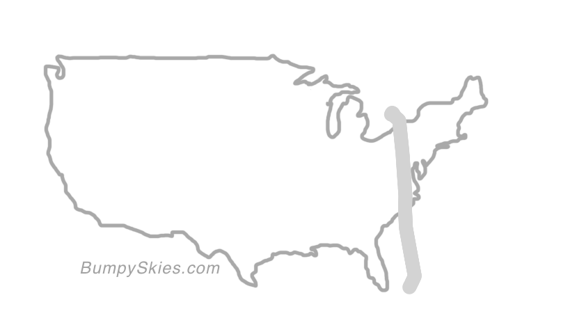 Map of continental US with illustrated flight path and turbulence forecast (described in text below)