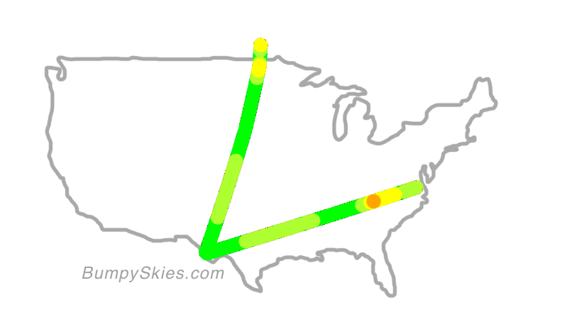 Map of continental US with illustrated flight path and turbulence forecast (described in text below)