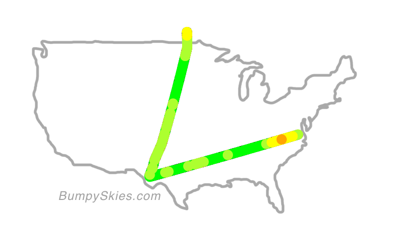 Map of continental US with illustrated flight path and turbulence forecast (described in text below)