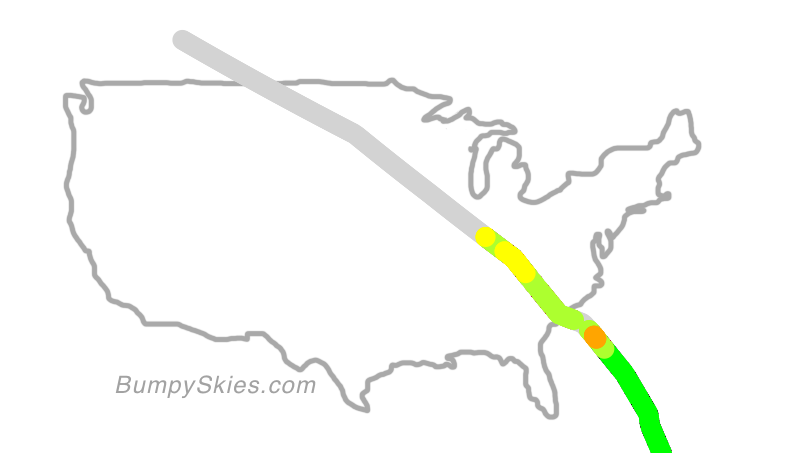Map of continental US with illustrated flight path and turbulence forecast (described in text below)
