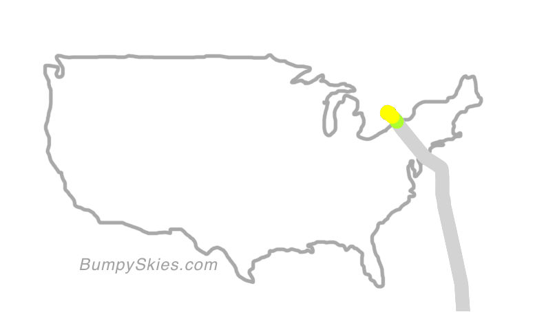 Map of continental US with illustrated flight path and turbulence forecast (described in text below)