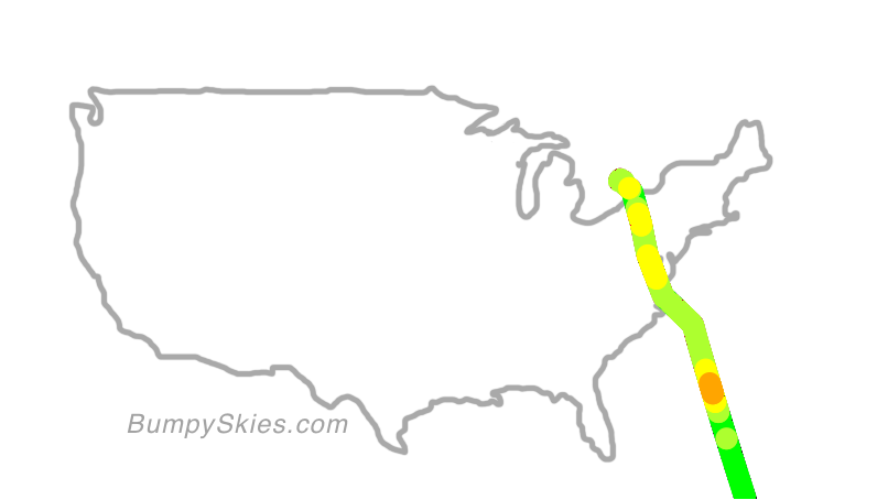 Map of continental US with illustrated flight path and turbulence forecast (described in text below)