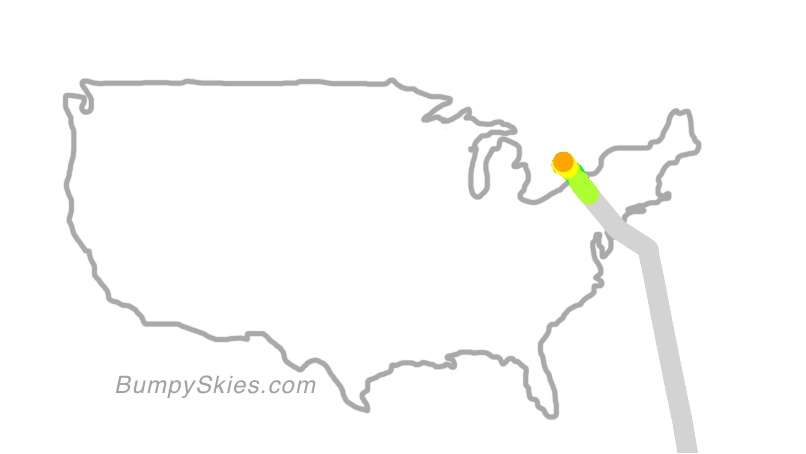 Map of continental US with illustrated flight path and turbulence forecast (described in text below)