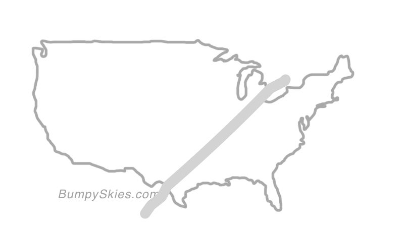 Map of continental US with illustrated flight path and turbulence forecast (described in text below)