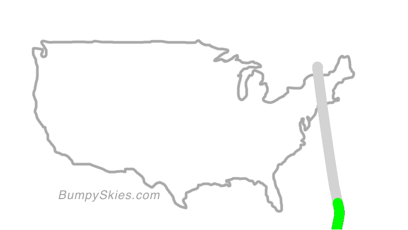 Map of continental US with illustrated flight path and turbulence forecast (described in text below)