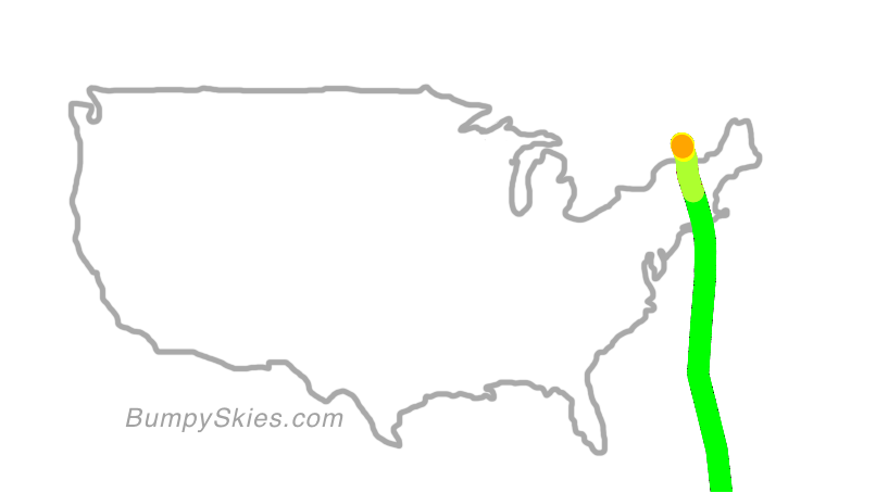 Map of continental US with illustrated flight path and turbulence forecast (described in text below)