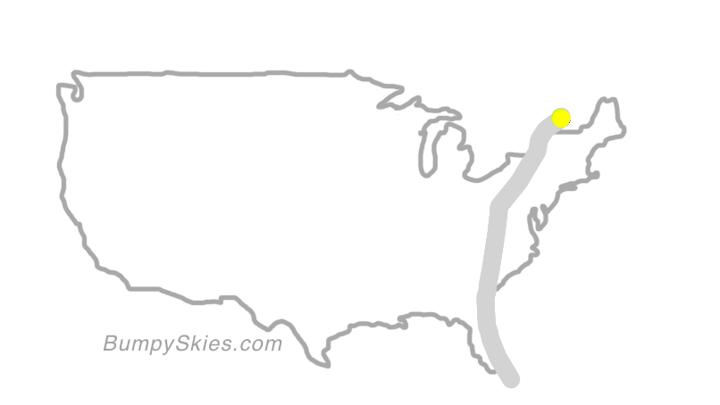Map of continental US with illustrated flight path and turbulence forecast (described in text below)