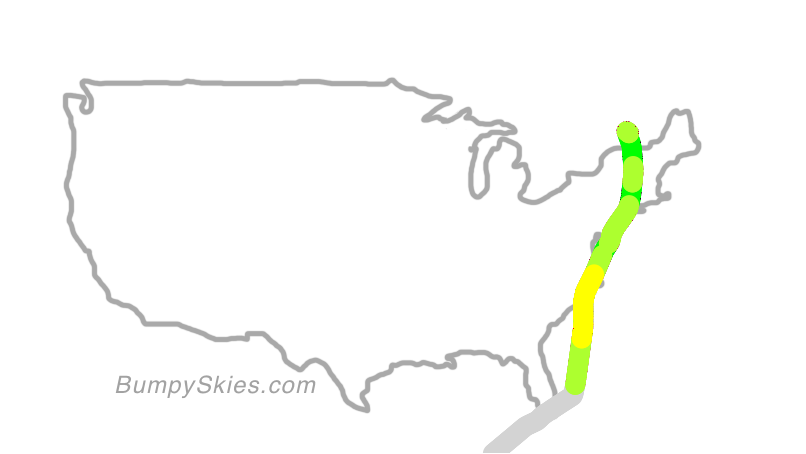 Map of continental US with illustrated flight path and turbulence forecast (described in text below)