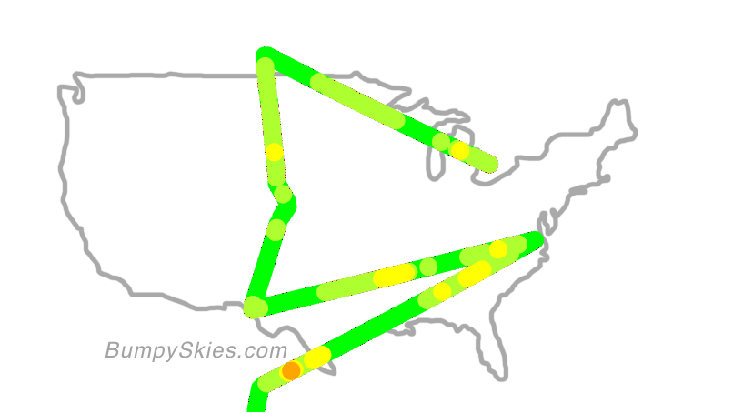 Map of continental US with illustrated flight path and turbulence forecast (described in text below)