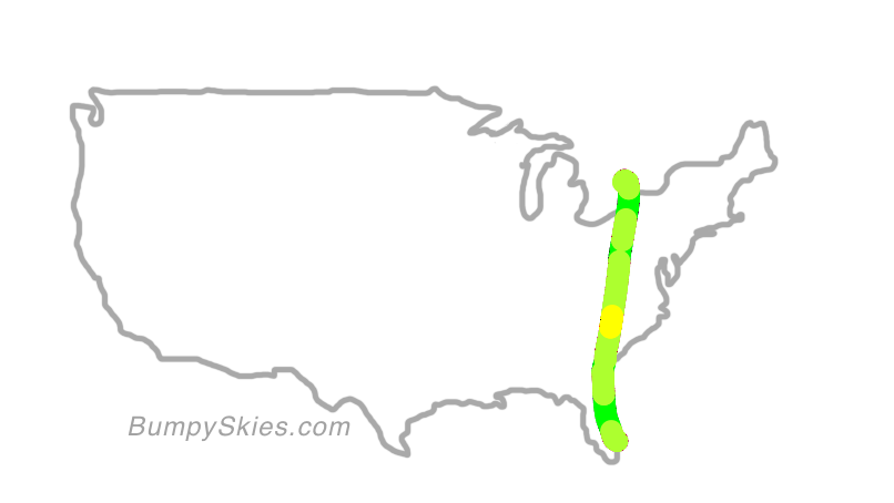 Map of continental US with illustrated flight path and turbulence forecast (described in text below)