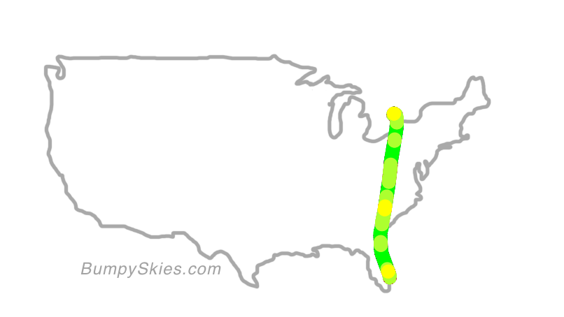 Map of continental US with illustrated flight path and turbulence forecast (described in text below)