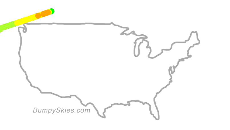 Map of continental US with illustrated flight path and turbulence forecast (described in text below)