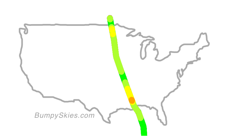 Map of continental US with illustrated flight path and turbulence forecast (described in text below)