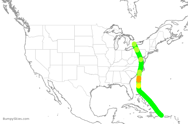 Turbulence forecast map for WJA4180, YYZ to PUJ