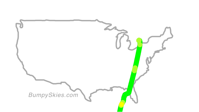 Map of continental US with illustrated flight path and turbulence forecast (described in text below)