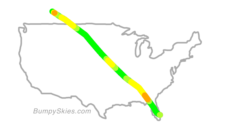 Map of continental US with illustrated flight path and turbulence forecast (described in text below)
