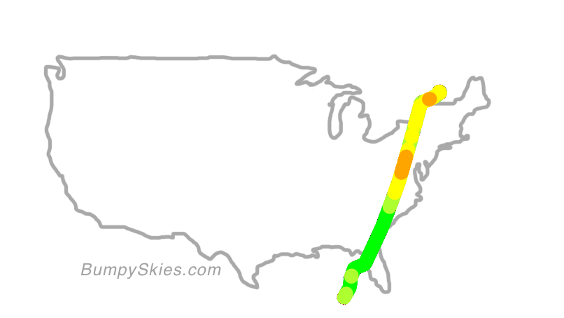 Map of continental US with illustrated flight path and turbulence forecast (described in text below)