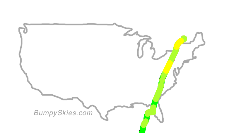 Map of continental US with illustrated flight path and turbulence forecast (described in text below)