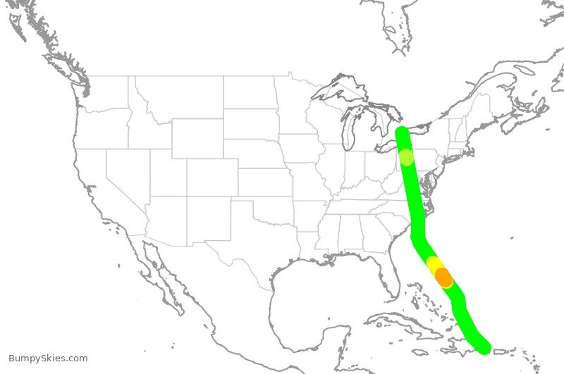 Turbulence forecast map for WJA4402, YYZ to PUJ